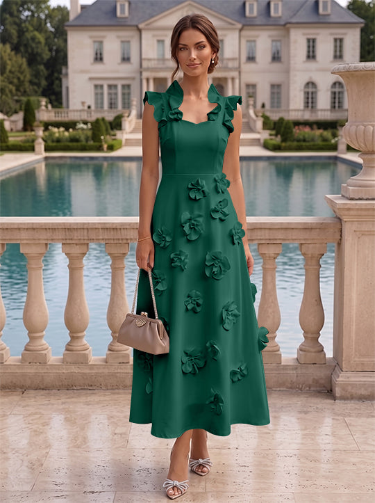 A-Line/Princess V-Neck Stretch Satin Cocktail Dresses with 3D Flowers Sleeveless Ruffles Tea-Length Formal Dresses Little White Dresses