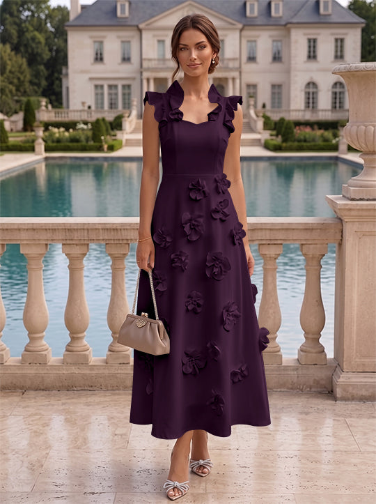 A-Line/Princess V-Neck Stretch Satin Cocktail Dresses with 3D Flowers Sleeveless Ruffles Tea-Length Formal Dresses Little White Dresses