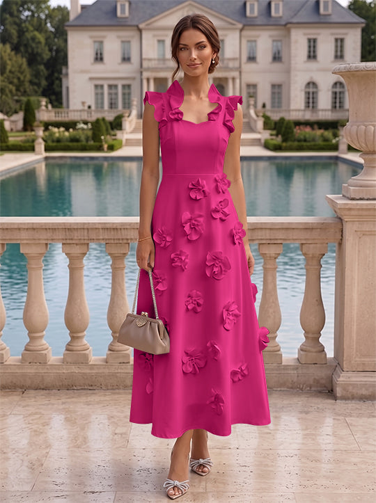 A-Line/Princess V-Neck Stretch Satin Cocktail Dresses with 3D Flowers Sleeveless Ruffles Tea-Length Formal Dresses Little White Dresses