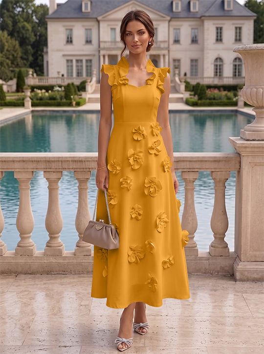 A-Line/Princess V-Neck Stretch Satin Cocktail Dresses with 3D Flowers Sleeveless Ruffles Tea-Length Formal Dresses Little White Dresses