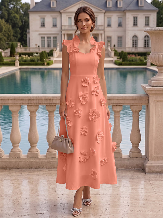 A-Line/Princess V-Neck Stretch Satin Cocktail Dresses with 3D Flowers Sleeveless Ruffles Tea-Length Formal Dresses Little White Dresses