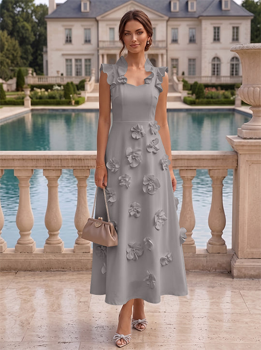 A-Line/Princess V-Neck Stretch Satin Cocktail Dresses with 3D Flowers Sleeveless Ruffles Tea-Length Formal Dresses Little White Dresses