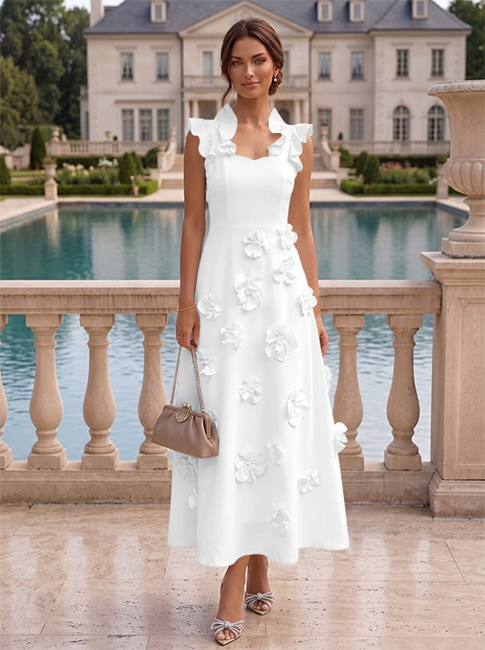 A-Line/Princess V-Neck Stretch Satin Cocktail Dresses with 3D Flowers Sleeveless Ruffles Tea-Length Formal Dresses Little White Dresses