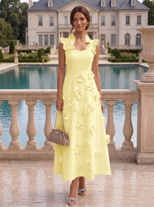 A-Line/Princess V-Neck Stretch Satin Cocktail Dresses with 3D Flowers Sleeveless Ruffles Tea-Length Formal Dresses Little White Dresses