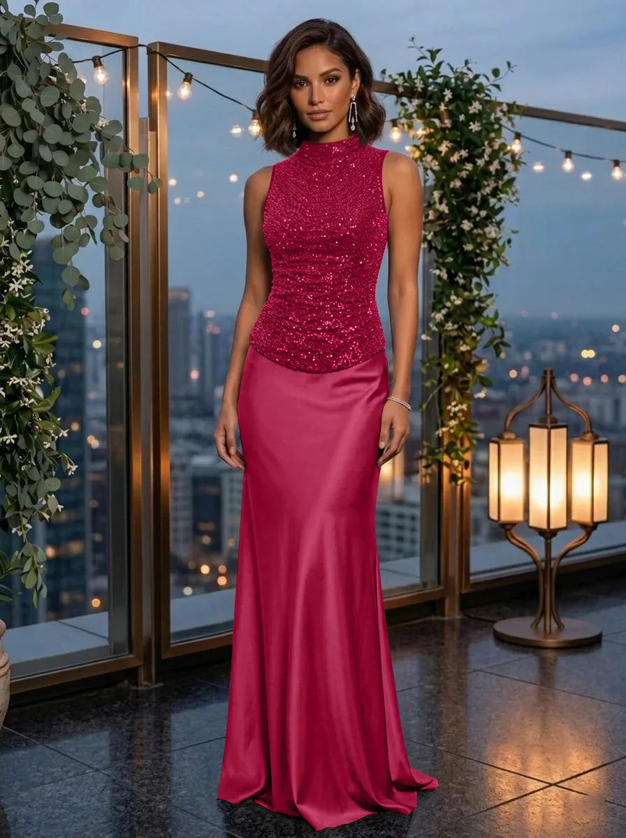 Sheath/Column Mock Neck Metallic Mesh Evening Dresses Silk Satin Sleeveless Floor-Length Party Dresses