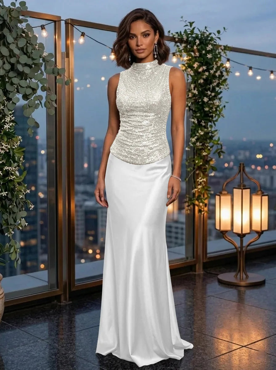 Sheath/Column Mock Neck Metallic Mesh Evening Dresses Silk Satin Sleeveless Floor-Length Party Dresses