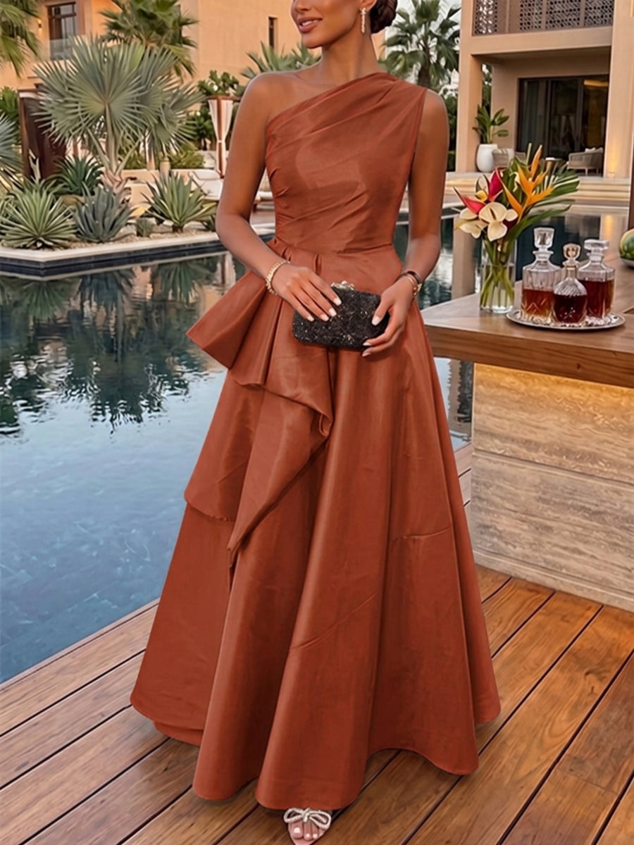A-Line/Princess One-Shoulder Taffeta Evening Dresses Sleeveless Floor-Length Ruffles Party Dresses