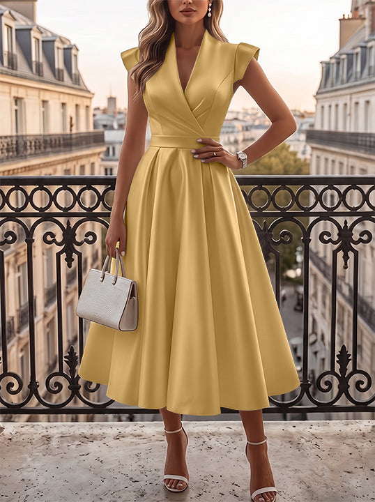 A-Line/Princess V-Neck Satin Cocktail Dresses Cap Sleeves Little White Dresses Tea-Length Ruched Party Dresses