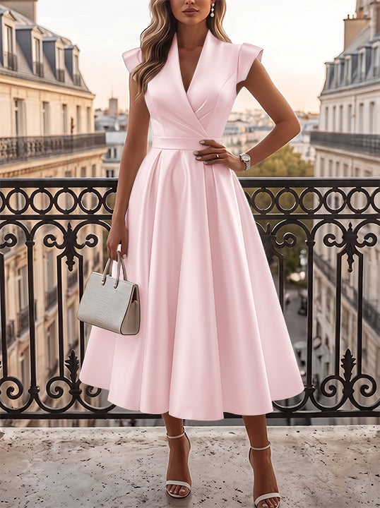 A-Line/Princess V-Neck Satin Cocktail Dresses Cap Sleeves Little White Dresses Tea-Length Ruched Party Dresses