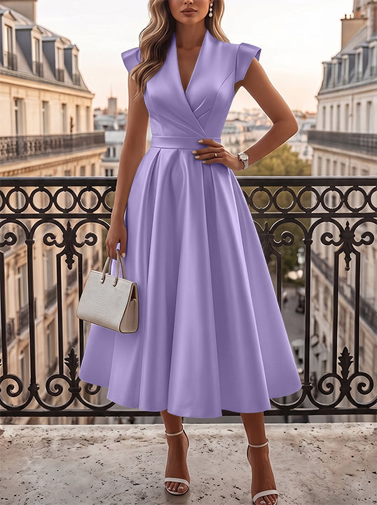 A-Line/Princess V-Neck Satin Cocktail Dresses Cap Sleeves Little White Dresses Tea-Length Ruched Party Dresses