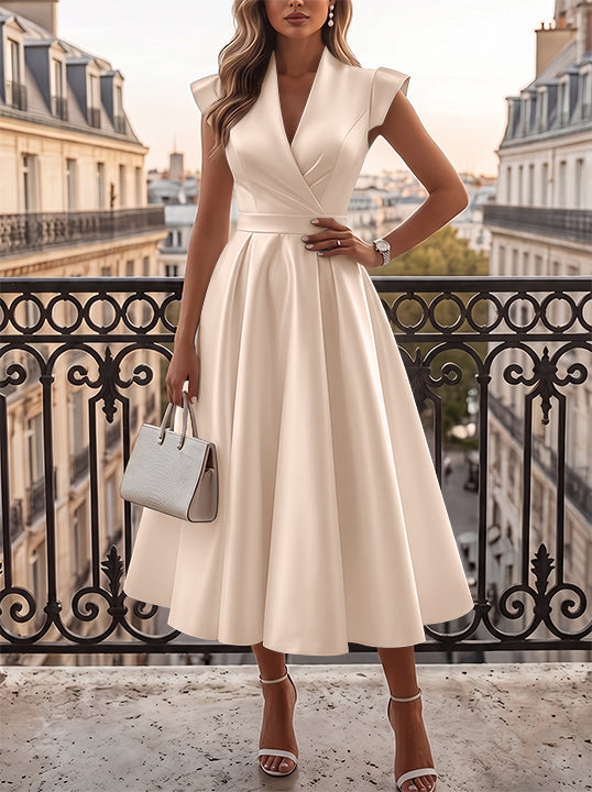 A-Line/Princess V-Neck Satin Cocktail Dresses Cap Sleeves Little White Dresses Tea-Length Ruched Party Dresses