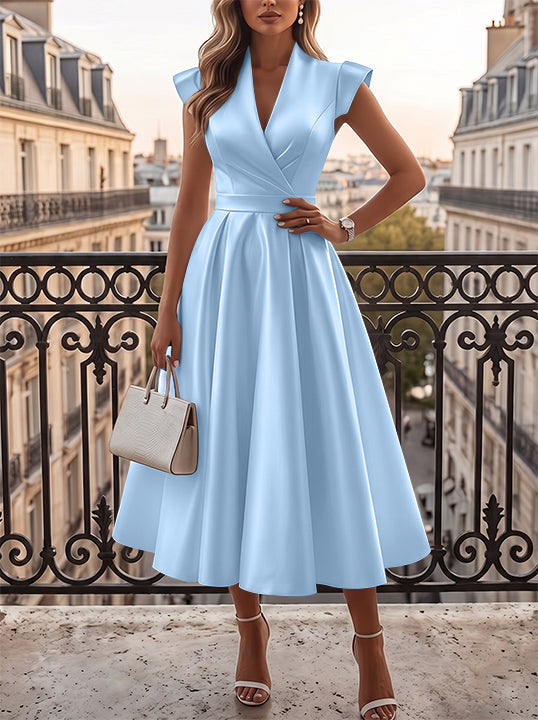 A-Line/Princess V-Neck Satin Cocktail Dresses Cap Sleeves Little White Dresses Tea-Length Ruched Party Dresses