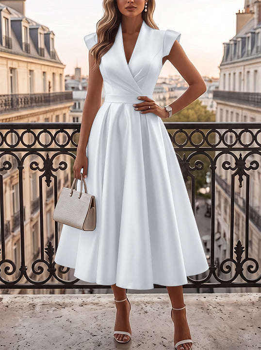 A-Line/Princess V-Neck Satin Cocktail Dresses Cap Sleeves Little White Dresses Tea-Length Ruched Party Dresses