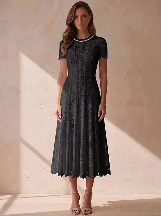 A-Line/Princess Scoop Lace Cocktail Dresses Tea-Length Little White Dresses Beading Short Sleeves Party Dresses