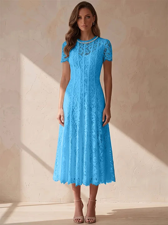 A-Line/Princess Scoop Lace Cocktail Dresses Tea-Length Little White Dresses Beading Short Sleeves Party Dresses