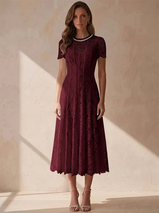 A-Line/Princess Scoop Lace Cocktail Dresses Tea-Length Little White Dresses Beading Short Sleeves Party Dresses