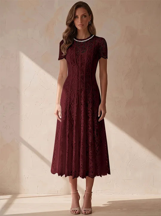 A-Line/Princess Scoop Lace Cocktail Dresses Tea-Length Little White Dresses Beading Short Sleeves Party Dresses