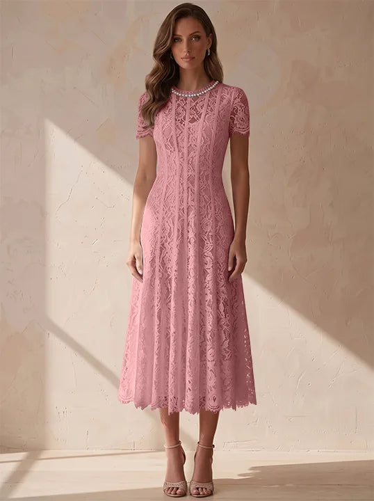 A-Line/Princess Scoop Lace Cocktail Dresses Tea-Length Little White Dresses Beading Short Sleeves Party Dresses