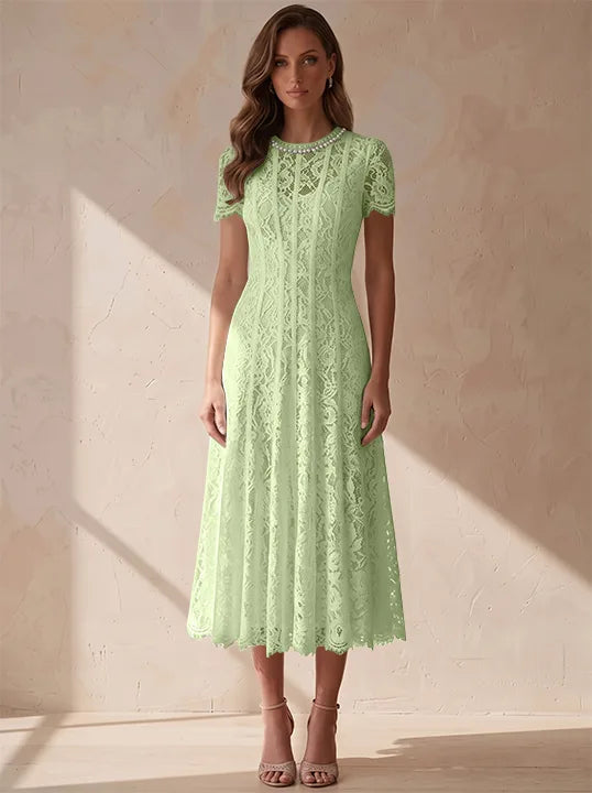 A-Line/Princess Scoop Lace Cocktail Dresses Tea-Length Little White Dresses Beading Short Sleeves Party Dresses