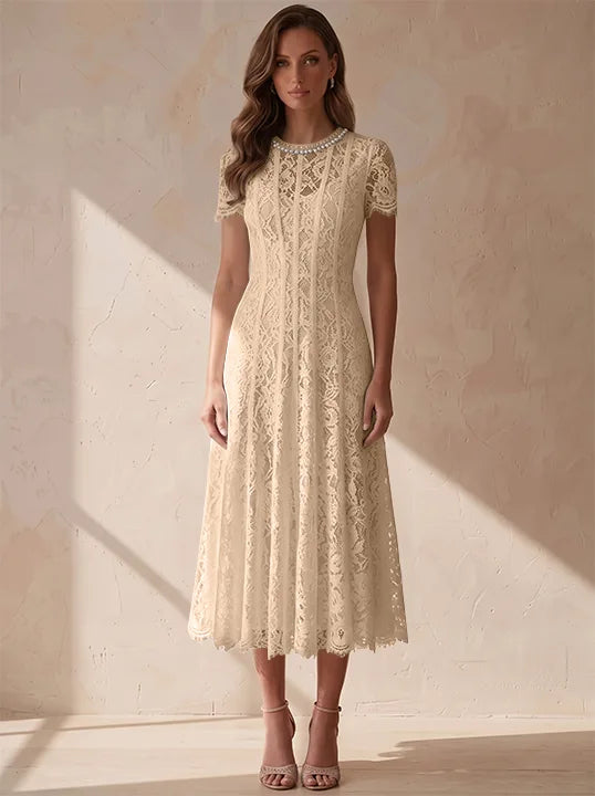 A-Line/Princess Scoop Lace Cocktail Dresses Tea-Length Little White Dresses Beading Short Sleeves Party Dresses