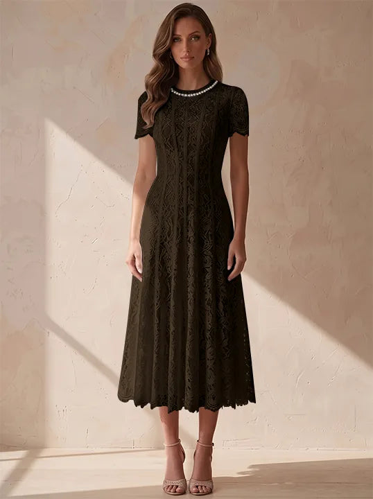 A-Line/Princess Scoop Lace Cocktail Dresses Tea-Length Little White Dresses Beading Short Sleeves Party Dresses