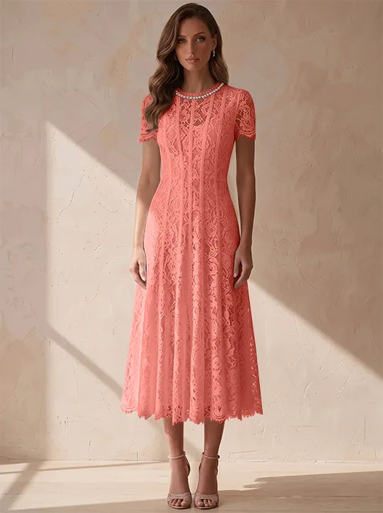 A-Line/Princess Scoop Lace Cocktail Dresses Tea-Length Little White Dresses Beading Short Sleeves Party Dresses