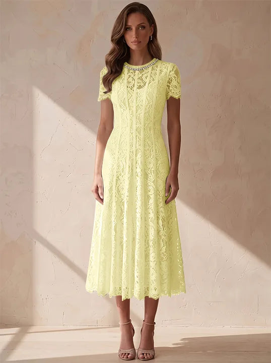 A-Line/Princess Scoop Lace Cocktail Dresses Tea-Length Little White Dresses Beading Short Sleeves Party Dresses