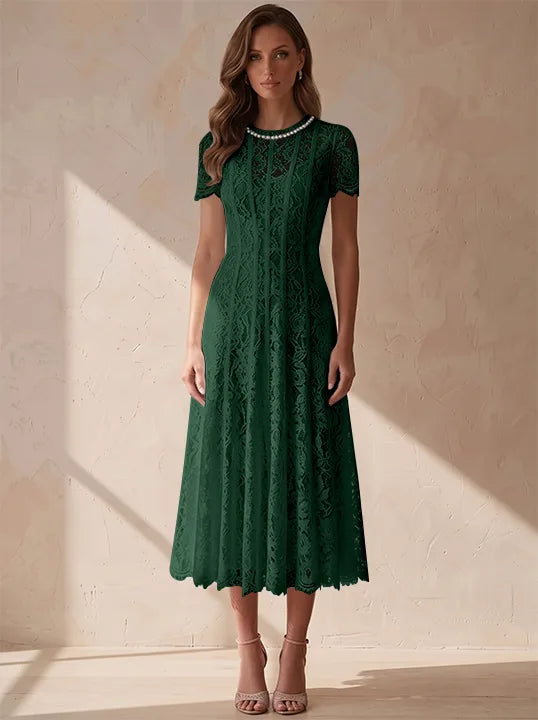 A-Line/Princess Scoop Lace Cocktail Dresses Tea-Length Little White Dresses Beading Short Sleeves Party Dresses
