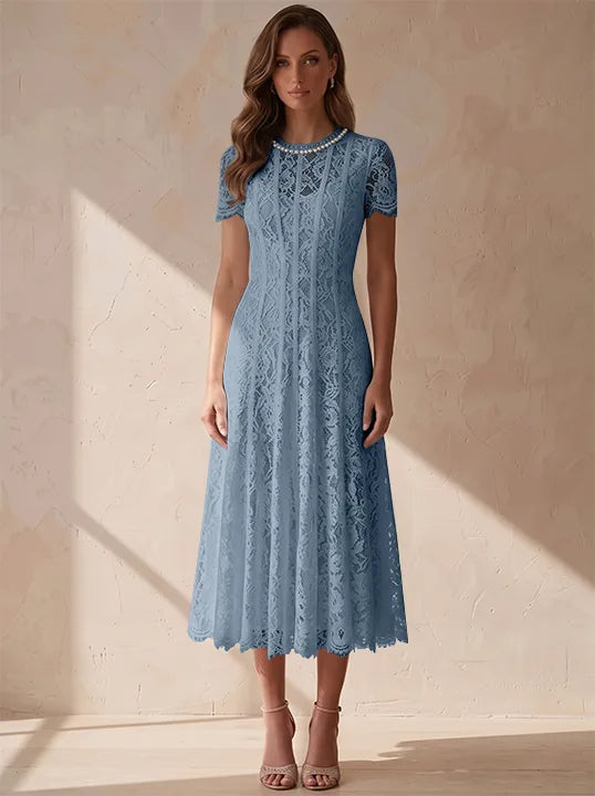 A-Line/Princess Scoop Lace Cocktail Dresses Tea-Length Little White Dresses Beading Short Sleeves Party Dresses