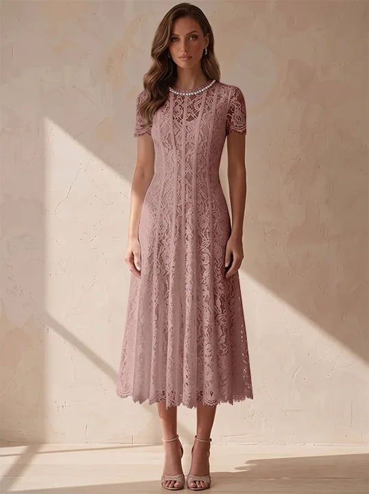 A-Line/Princess Scoop Lace Cocktail Dresses Tea-Length Little White Dresses Beading Short Sleeves Party Dresses