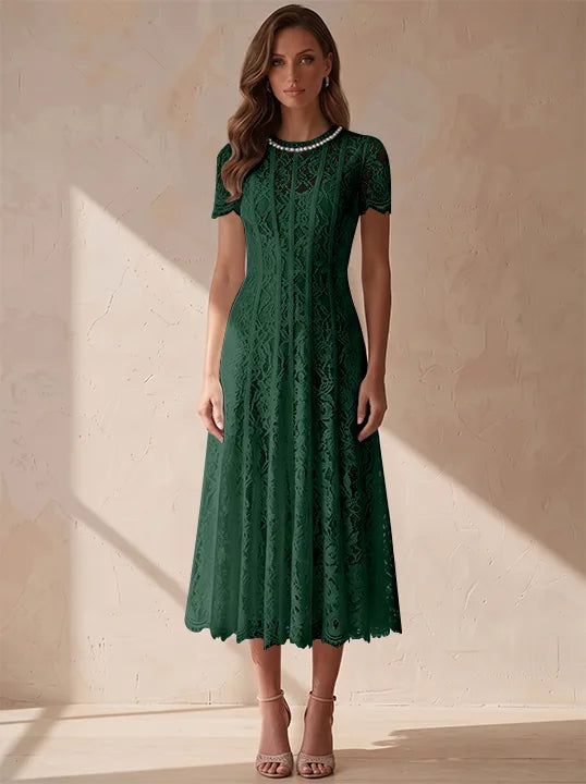 A-Line/Princess Scoop Lace Cocktail Dresses Tea-Length Little White Dresses Beading Short Sleeves Party Dresses