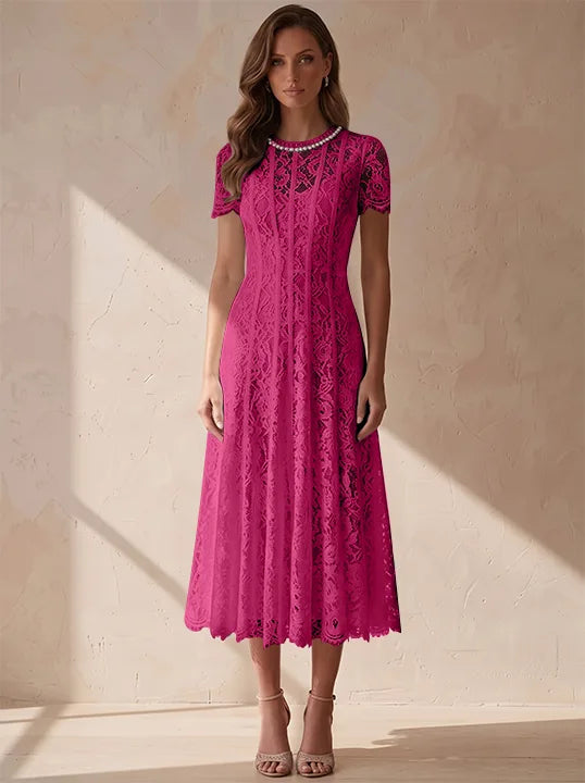A-Line/Princess Scoop Lace Cocktail Dresses Tea-Length Little White Dresses Beading Short Sleeves Party Dresses