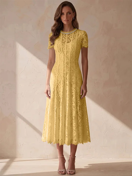 A-Line/Princess Scoop Lace Cocktail Dresses Tea-Length Little White Dresses Beading Short Sleeves Party Dresses