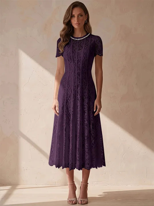 A-Line/Princess Scoop Lace Cocktail Dresses Tea-Length Little White Dresses Beading Short Sleeves Party Dresses