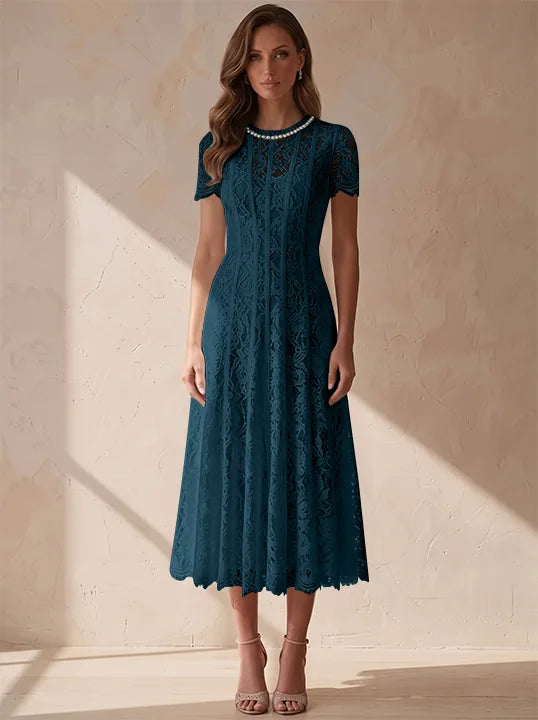 A-Line/Princess Scoop Lace Cocktail Dresses Tea-Length Little White Dresses Beading Short Sleeves Party Dresses