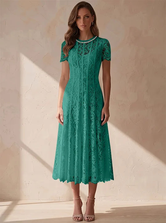A-Line/Princess Scoop Lace Cocktail Dresses Tea-Length Little White Dresses Beading Short Sleeves Party Dresses