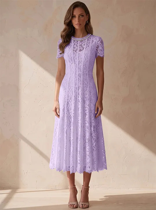 A-Line/Princess Scoop Lace Cocktail Dresses Tea-Length Little White Dresses Beading Short Sleeves Party Dresses