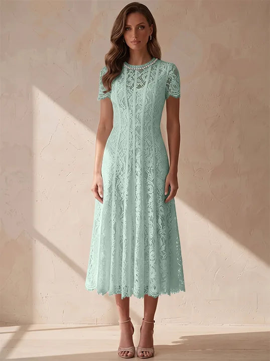 A-Line/Princess Scoop Lace Cocktail Dresses Tea-Length Little White Dresses Beading Short Sleeves Party Dresses