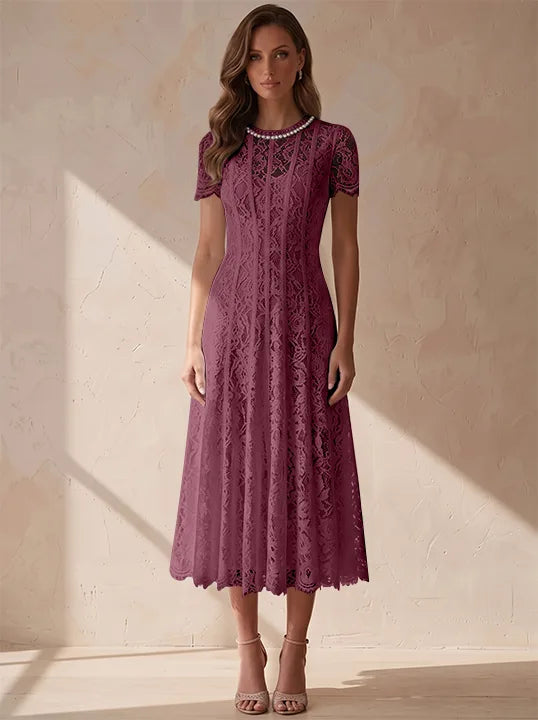 A-Line/Princess Scoop Lace Cocktail Dresses Tea-Length Little White Dresses Beading Short Sleeves Party Dresses