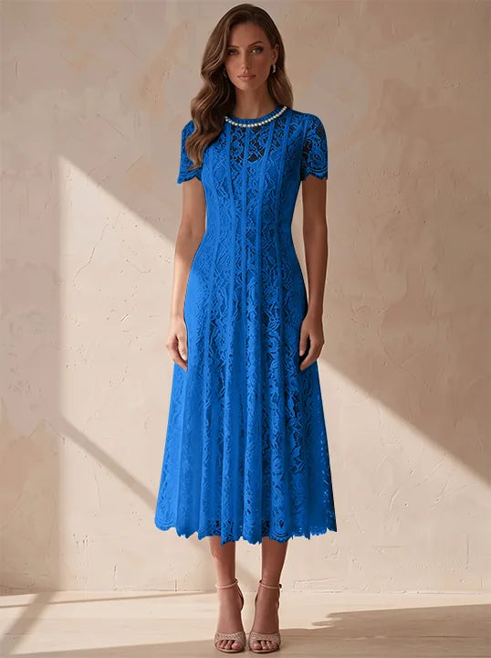 A-Line/Princess Scoop Lace Cocktail Dresses Tea-Length Little White Dresses Beading Short Sleeves Party Dresses