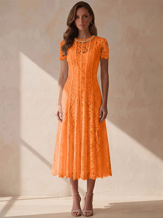 A-Line/Princess Scoop Lace Cocktail Dresses Tea-Length Little White Dresses Beading Short Sleeves Party Dresses