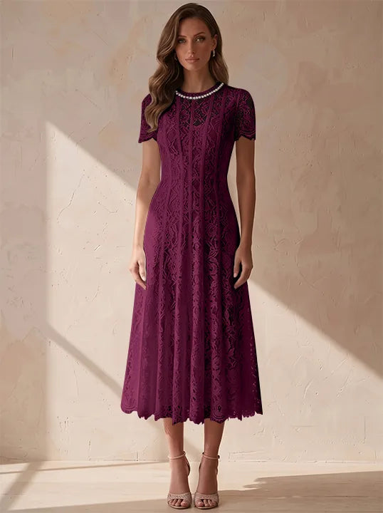 A-Line/Princess Scoop Lace Cocktail Dresses Tea-Length Little White Dresses Beading Short Sleeves Party Dresses