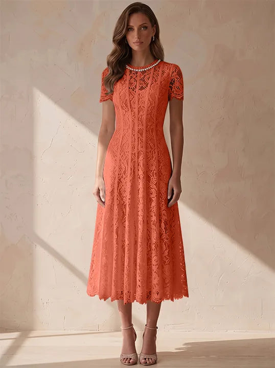 A-Line/Princess Scoop Lace Cocktail Dresses Tea-Length Little White Dresses Beading Short Sleeves Party Dresses