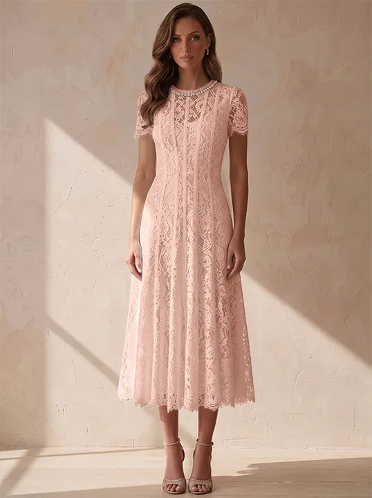 A-Line/Princess Scoop Lace Cocktail Dresses Tea-Length Little White Dresses Beading Short Sleeves Party Dresses
