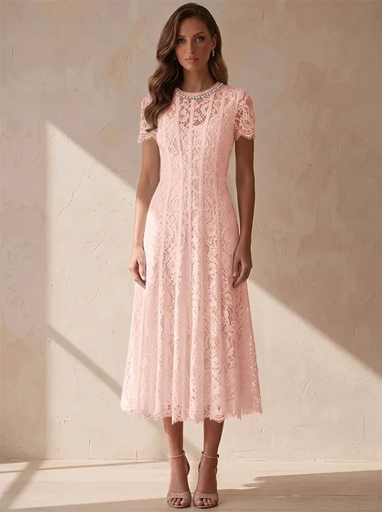 A-Line/Princess Scoop Lace Cocktail Dresses Tea-Length Little White Dresses Beading Short Sleeves Party Dresses