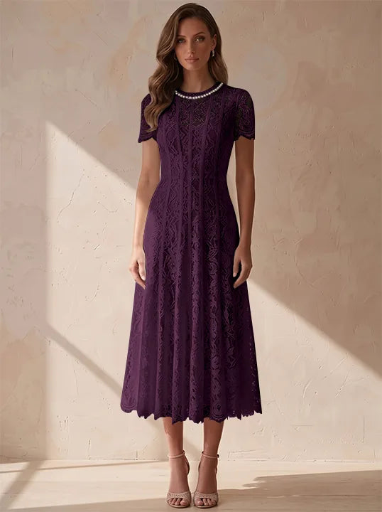 A-Line/Princess Scoop Lace Cocktail Dresses Tea-Length Little White Dresses Beading Short Sleeves Party Dresses