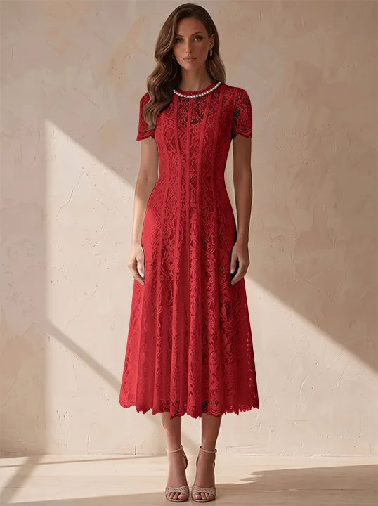 A-Line/Princess Scoop Lace Cocktail Dresses Tea-Length Little White Dresses Beading Short Sleeves Party Dresses