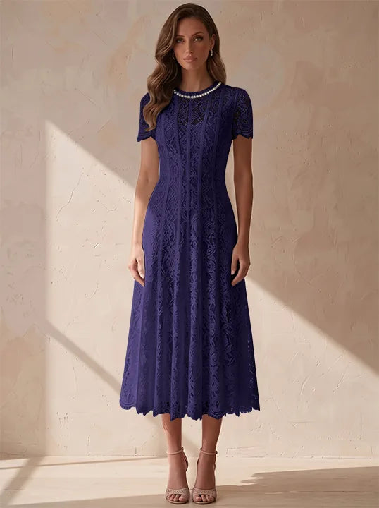 A-Line/Princess Scoop Lace Cocktail Dresses Tea-Length Little White Dresses Beading Short Sleeves Party Dresses