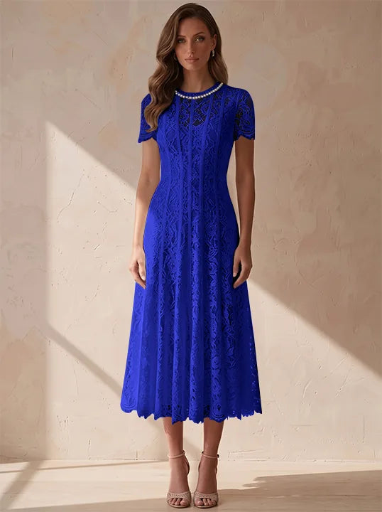 A-Line/Princess Scoop Lace Cocktail Dresses Tea-Length Little White Dresses Beading Short Sleeves Party Dresses