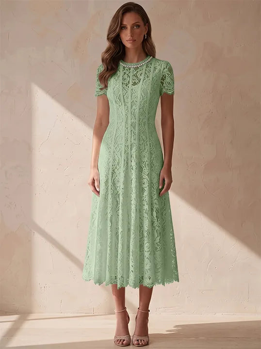 A-Line/Princess Scoop Lace Cocktail Dresses Tea-Length Little White Dresses Beading Short Sleeves Party Dresses